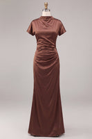 Load image into Gallery viewer, Coffee Mermaid Satin High Neck Long Formal Dress with Sleeves
