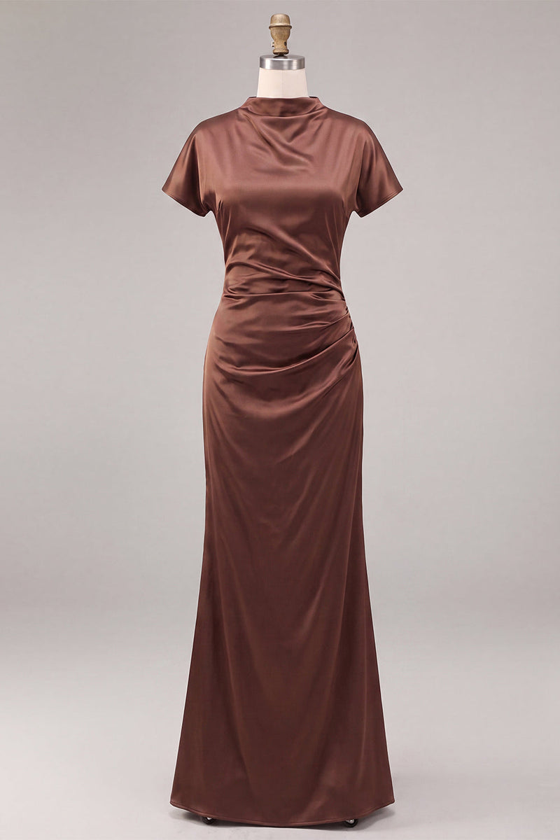 Load image into Gallery viewer, Coffee Mermaid Satin High Neck Long Formal Dress with Sleeves