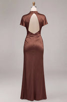 Load image into Gallery viewer, Coffee Mermaid Satin High Neck Long Formal Dress with Sleeves