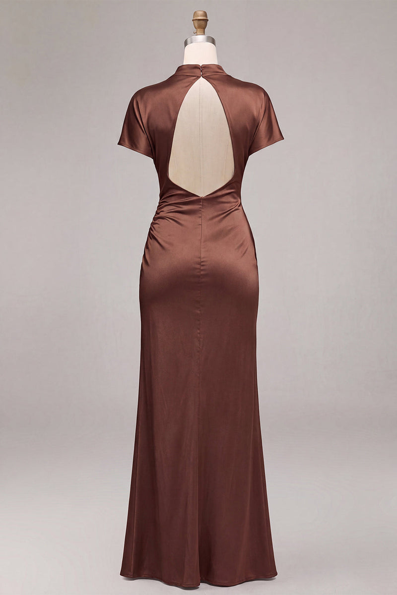 Load image into Gallery viewer, Coffee Mermaid Satin High Neck Long Formal Dress with Sleeves