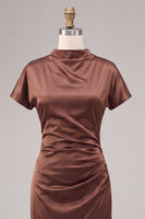Load image into Gallery viewer, Coffee Mermaid Satin High Neck Long Formal Dress with Sleeves