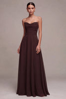 Load image into Gallery viewer, A Line Dark Coffee Ruched Strapless Long Formal Dress