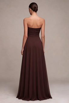 A Line Dark Coffee Ruched Strapless Long Formal Dress