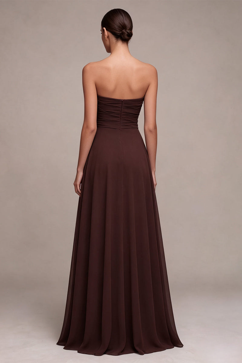 Load image into Gallery viewer, A Line Dark Coffee Ruched Strapless Long Formal Dress