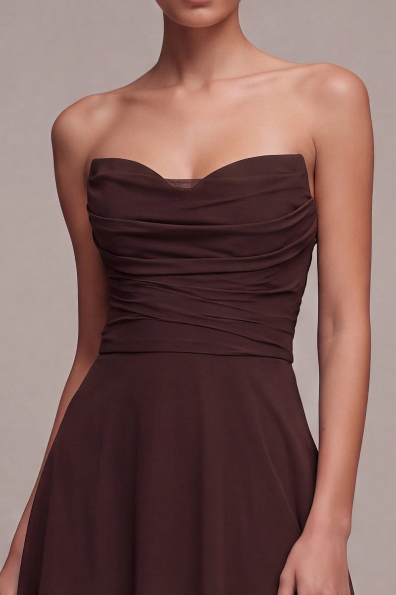 Load image into Gallery viewer, A Line Dark Coffee Ruched Strapless Long Formal Dress