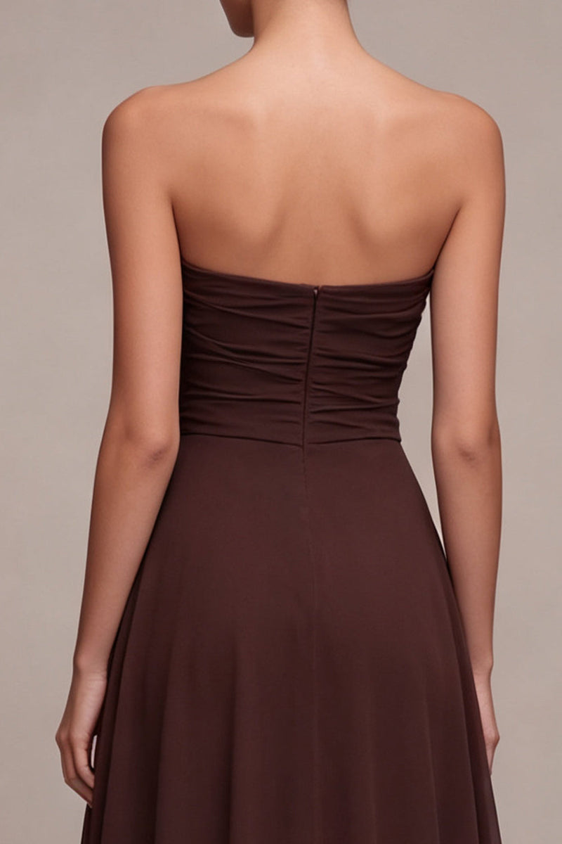 Load image into Gallery viewer, A Line Dark Coffee Ruched Strapless Long Formal Dress