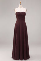 Load image into Gallery viewer, A Line Dark Coffee Ruched Strapless Long Formal Dress