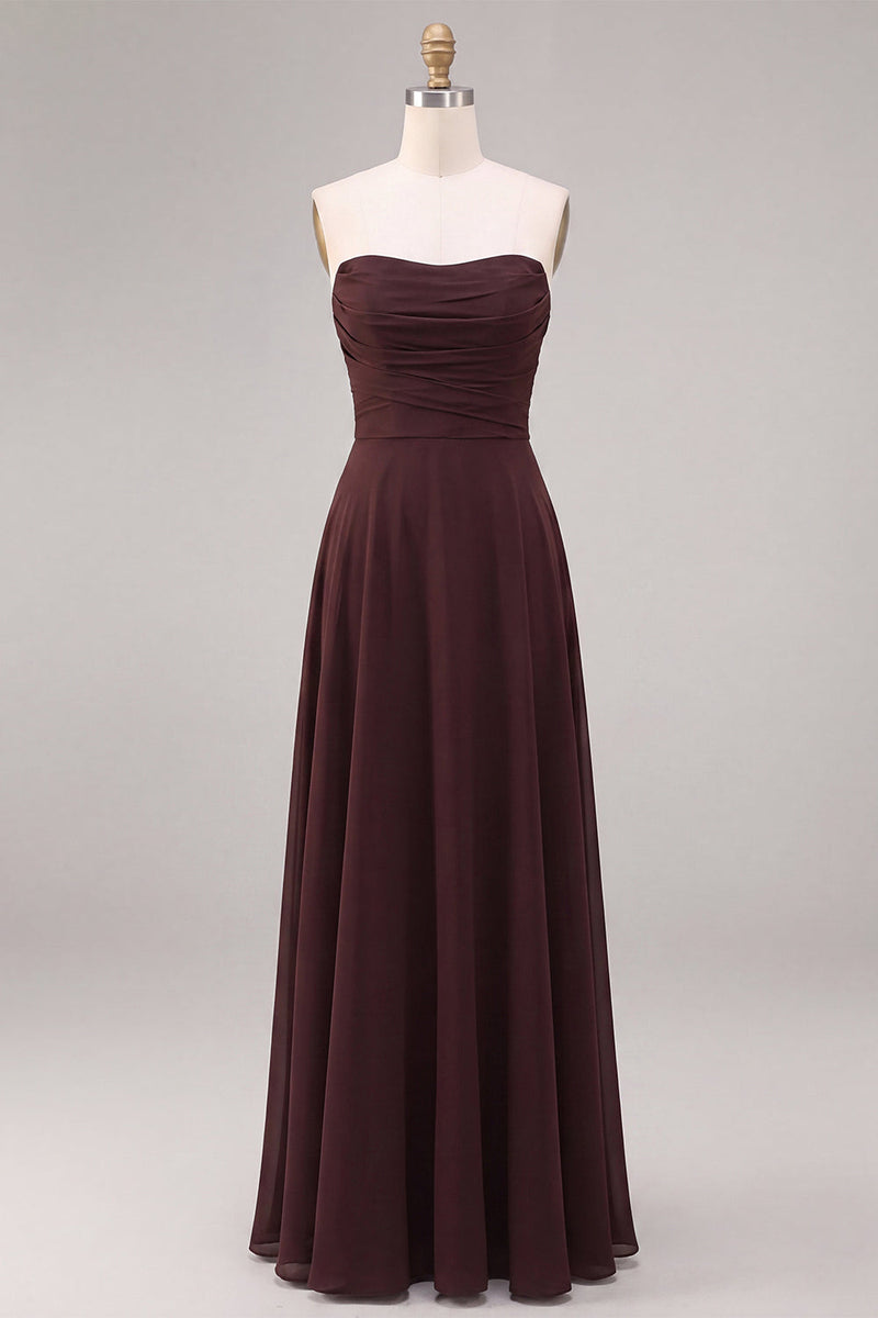 Load image into Gallery viewer, A Line Dark Coffee Ruched Strapless Long Formal Dress