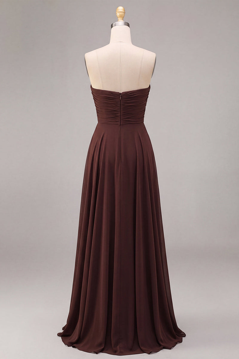 Load image into Gallery viewer, A Line Dark Coffee Ruched Strapless Long Formal Dress