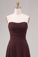 Load image into Gallery viewer, A Line Dark Coffee Ruched Strapless Long Formal Dress