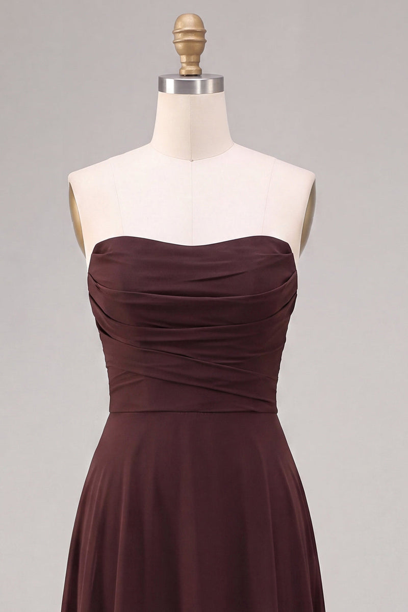 Load image into Gallery viewer, A Line Dark Coffee Ruched Strapless Long Formal Dress
