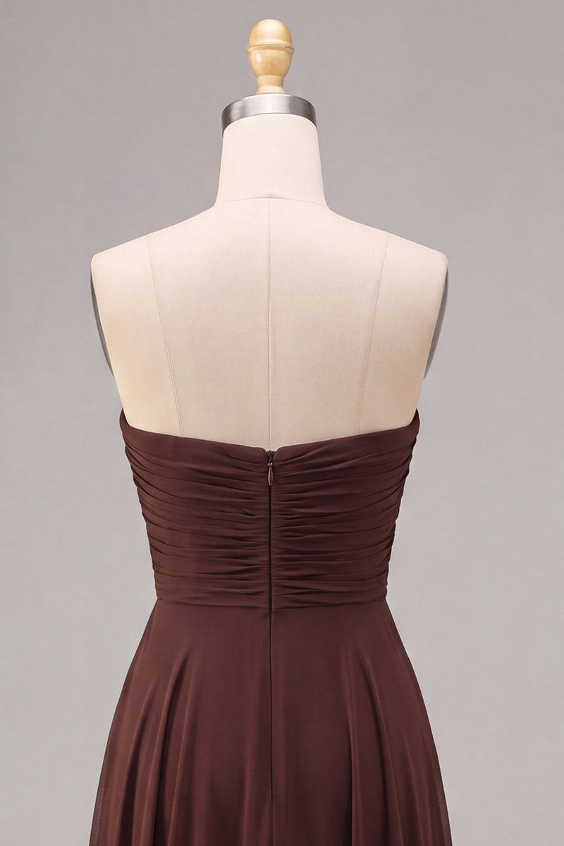 Load image into Gallery viewer, A Line Dark Coffee Ruched Strapless Long Formal Dress