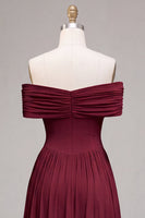 Load image into Gallery viewer, Burgundy A Line Ruched Off The Shoulder Long Formal Dress
