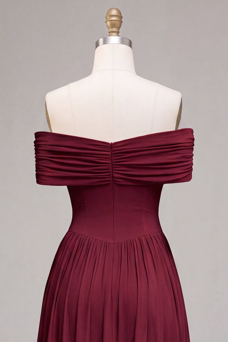 Load image into Gallery viewer, Burgundy A Line Ruched Off The Shoulder Long Formal Dress