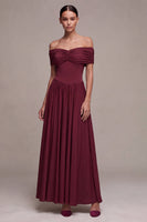 Load image into Gallery viewer, Burgundy A Line Ruched Off The Shoulder Long Formal Dress