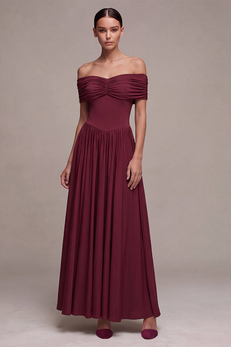 Load image into Gallery viewer, Burgundy A Line Ruched Off The Shoulder Long Formal Dress