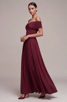 Load image into Gallery viewer, Burgundy A Line Ruched Off The Shoulder Long Formal Dress