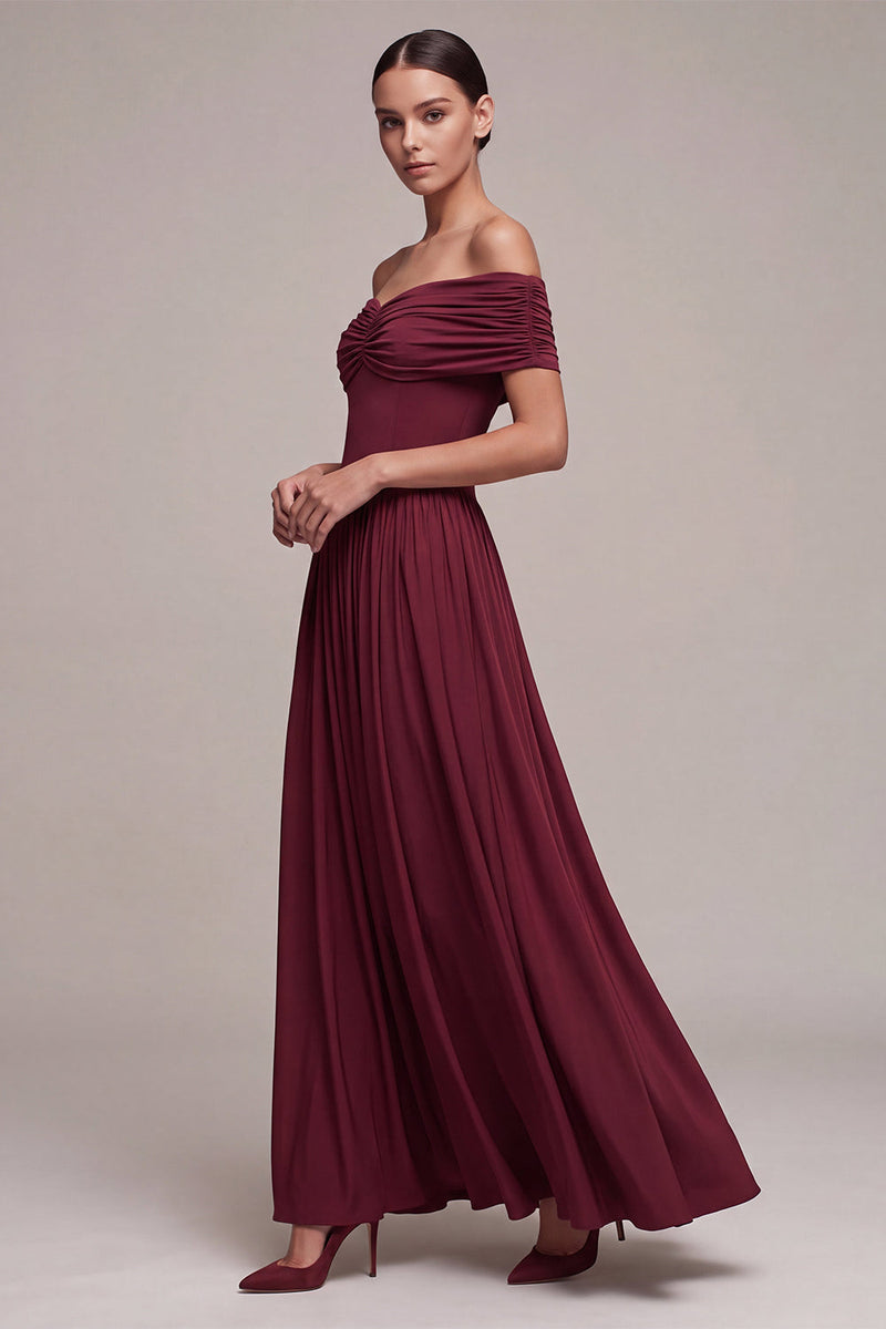 Load image into Gallery viewer, Burgundy A Line Ruched Off The Shoulder Long Formal Dress