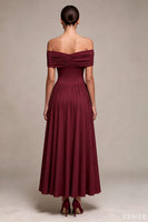 Load image into Gallery viewer, Burgundy A Line Ruched Off The Shoulder Long Formal Dress