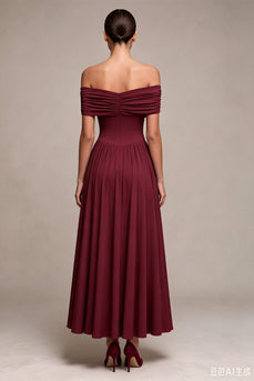 Burgundy A Line Ruched Off The Shoulder Long Formal Dress