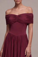 Load image into Gallery viewer, Burgundy A Line Ruched Off The Shoulder Long Formal Dress