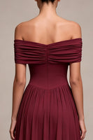 Load image into Gallery viewer, Burgundy A Line Ruched Off The Shoulder Long Formal Dress