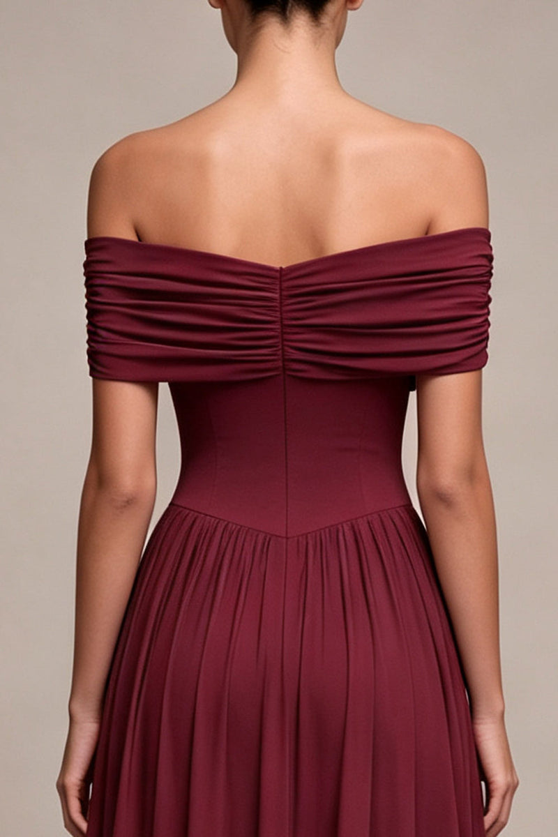 Load image into Gallery viewer, Burgundy A Line Ruched Off The Shoulder Long Formal Dress