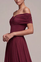 Load image into Gallery viewer, Burgundy A Line Ruched Off The Shoulder Long Formal Dress