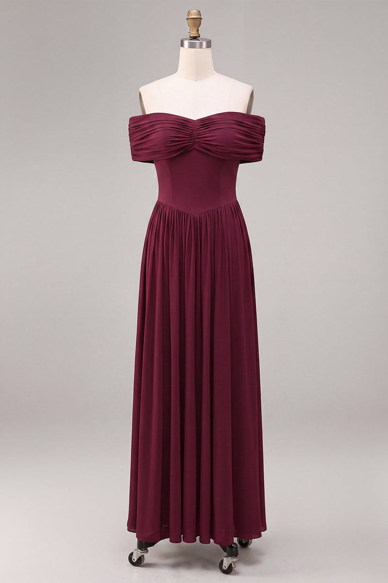 Load image into Gallery viewer, Burgundy A Line Ruched Off The Shoulder Long Formal Dress