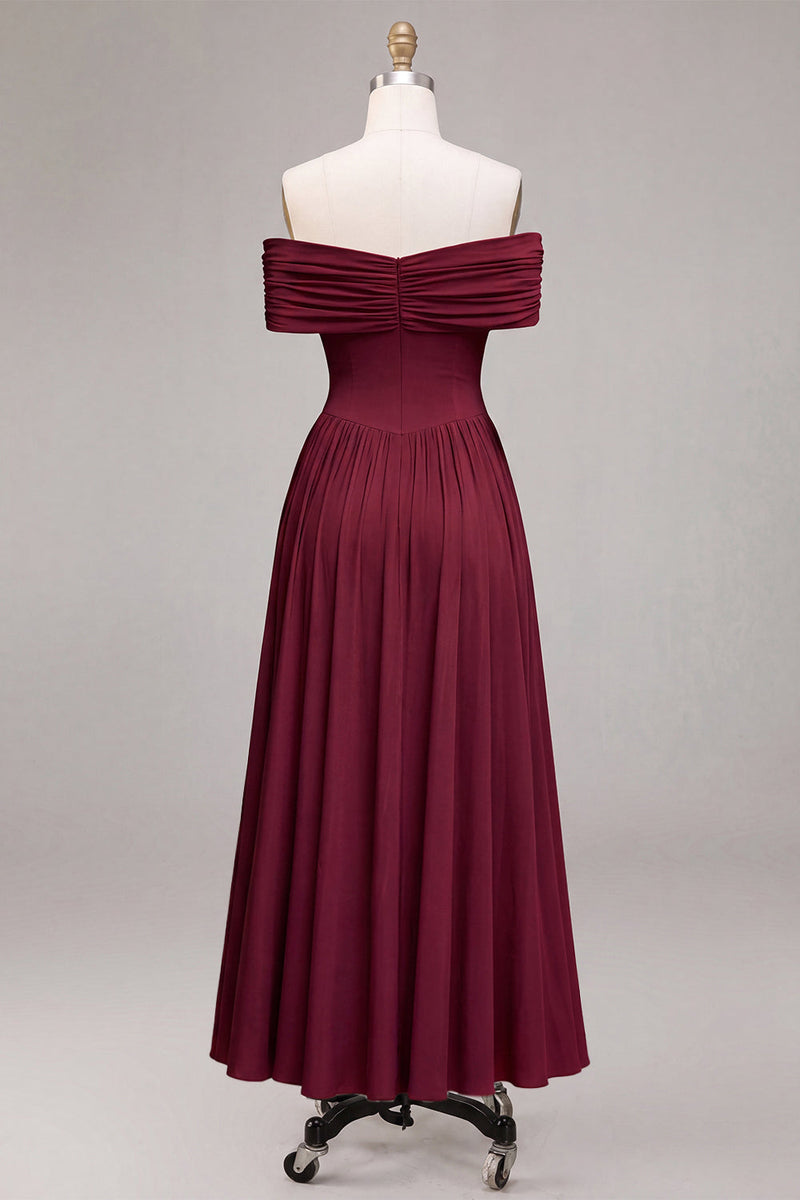 Load image into Gallery viewer, Burgundy A Line Ruched Off The Shoulder Long Formal Dress