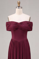 Load image into Gallery viewer, Burgundy A Line Ruched Off The Shoulder Long Formal Dress