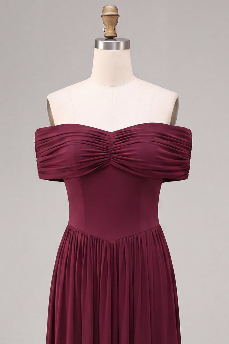 Load image into Gallery viewer, Burgundy A Line Ruched Off The Shoulder Long Formal Dress