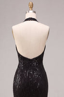 Load image into Gallery viewer, Sparkly Black Sequins Mermaid Halter Neck Long Formal Dress