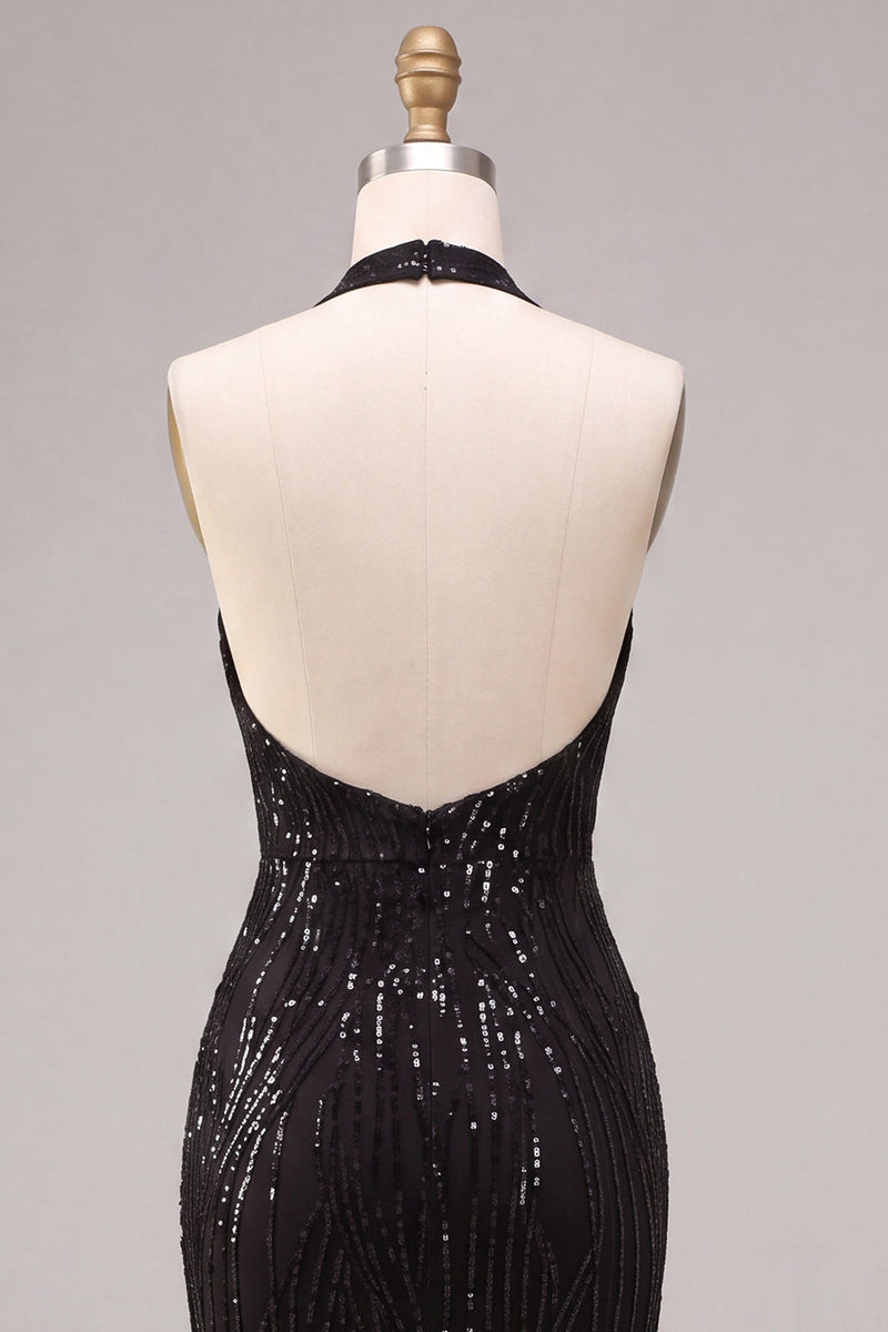 Load image into Gallery viewer, Sparkly Black Sequins Mermaid Halter Neck Long Formal Dress