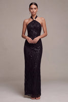 Load image into Gallery viewer, Sparkly Black Sequins Mermaid Halter Neck Long Formal Dress