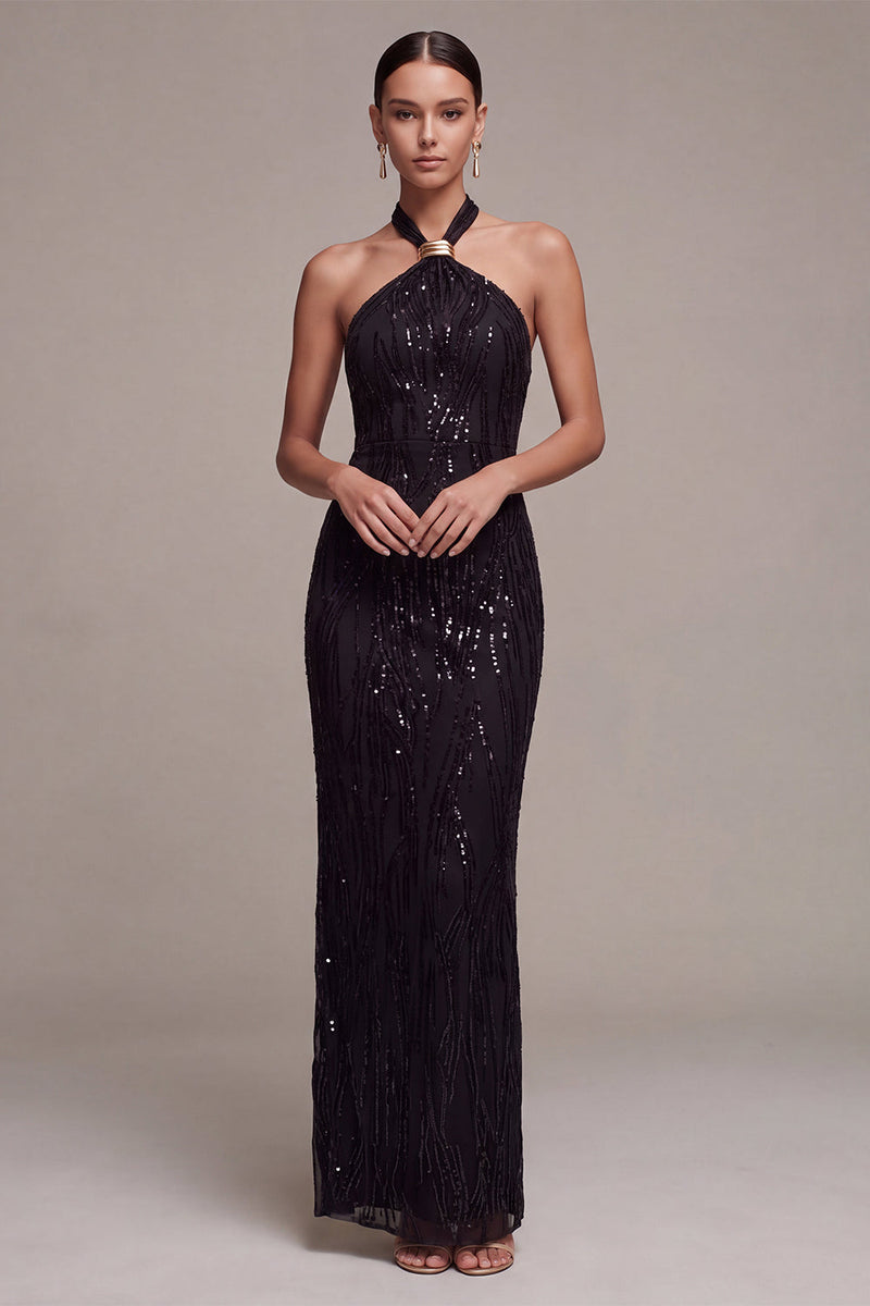 Load image into Gallery viewer, Sparkly Black Sequins Mermaid Halter Neck Long Formal Dress