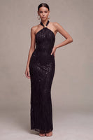 Load image into Gallery viewer, Sparkly Black Sequins Mermaid Halter Neck Long Formal Dress