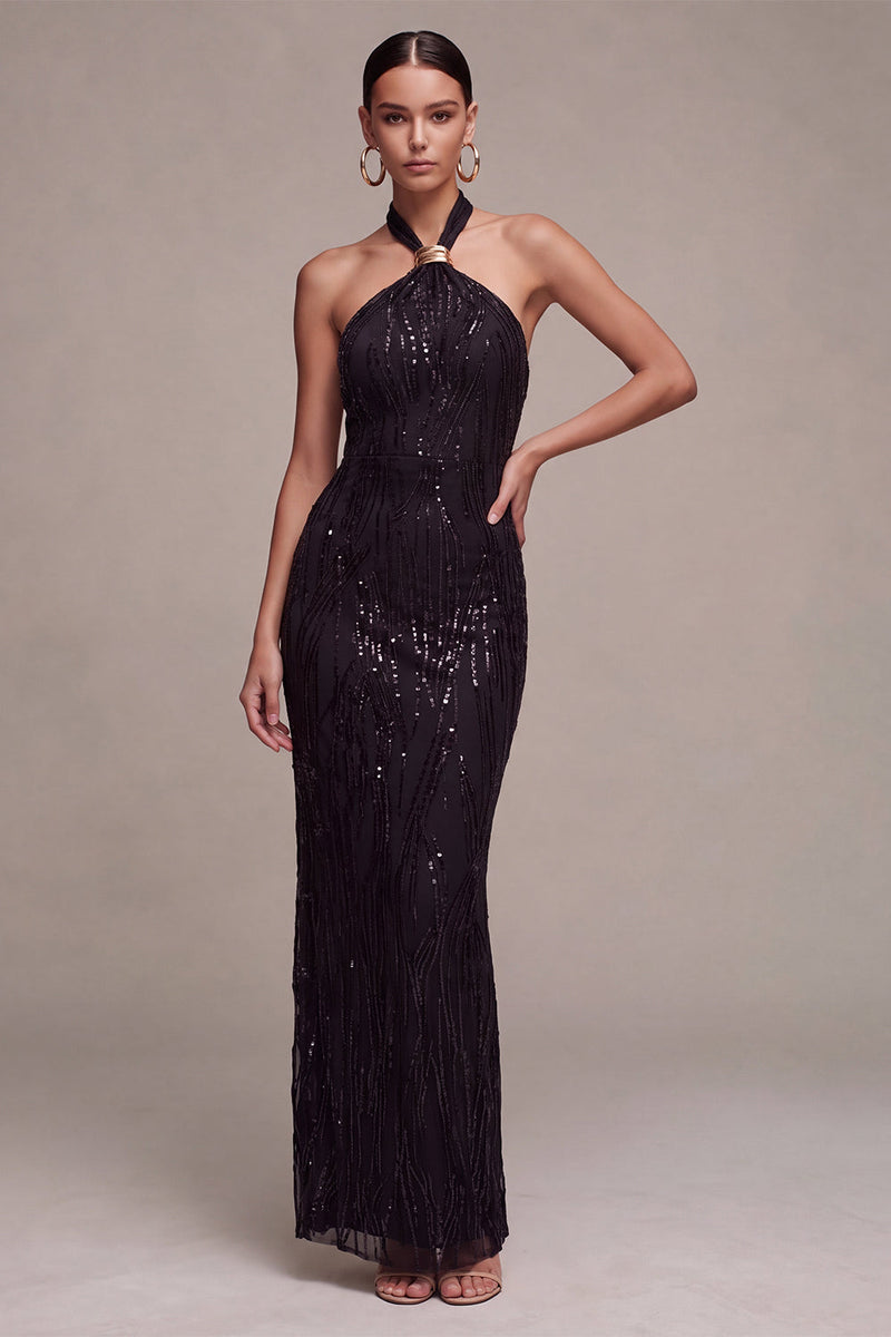 Load image into Gallery viewer, Sparkly Black Sequins Mermaid Halter Neck Long Formal Dress