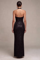 Load image into Gallery viewer, Sparkly Black Sequins Mermaid Halter Neck Long Formal Dress