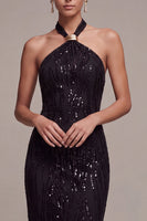 Load image into Gallery viewer, Sparkly Black Sequins Mermaid Halter Neck Long Formal Dress