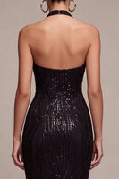 Load image into Gallery viewer, Sparkly Black Sequins Mermaid Halter Neck Long Formal Dress