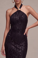 Load image into Gallery viewer, Sparkly Black Sequins Mermaid Halter Neck Long Formal Dress