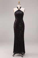 Load image into Gallery viewer, Sparkly Black Sequins Mermaid Halter Neck Long Formal Dress
