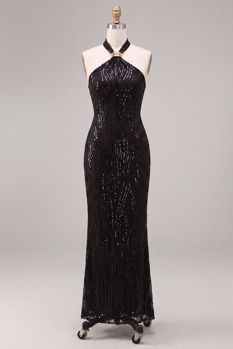 Load image into Gallery viewer, Sparkly Black Sequins Mermaid Halter Neck Long Formal Dress