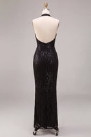 Load image into Gallery viewer, Sparkly Black Sequins Mermaid Halter Neck Long Formal Dress