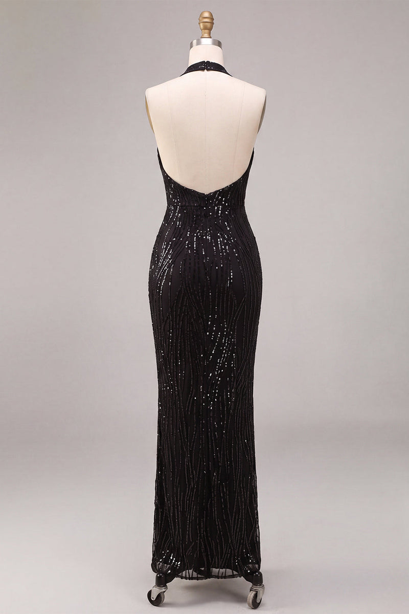 Load image into Gallery viewer, Sparkly Black Sequins Mermaid Halter Neck Long Formal Dress