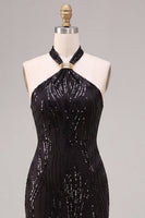 Load image into Gallery viewer, Sparkly Black Sequins Mermaid Halter Neck Long Formal Dress
