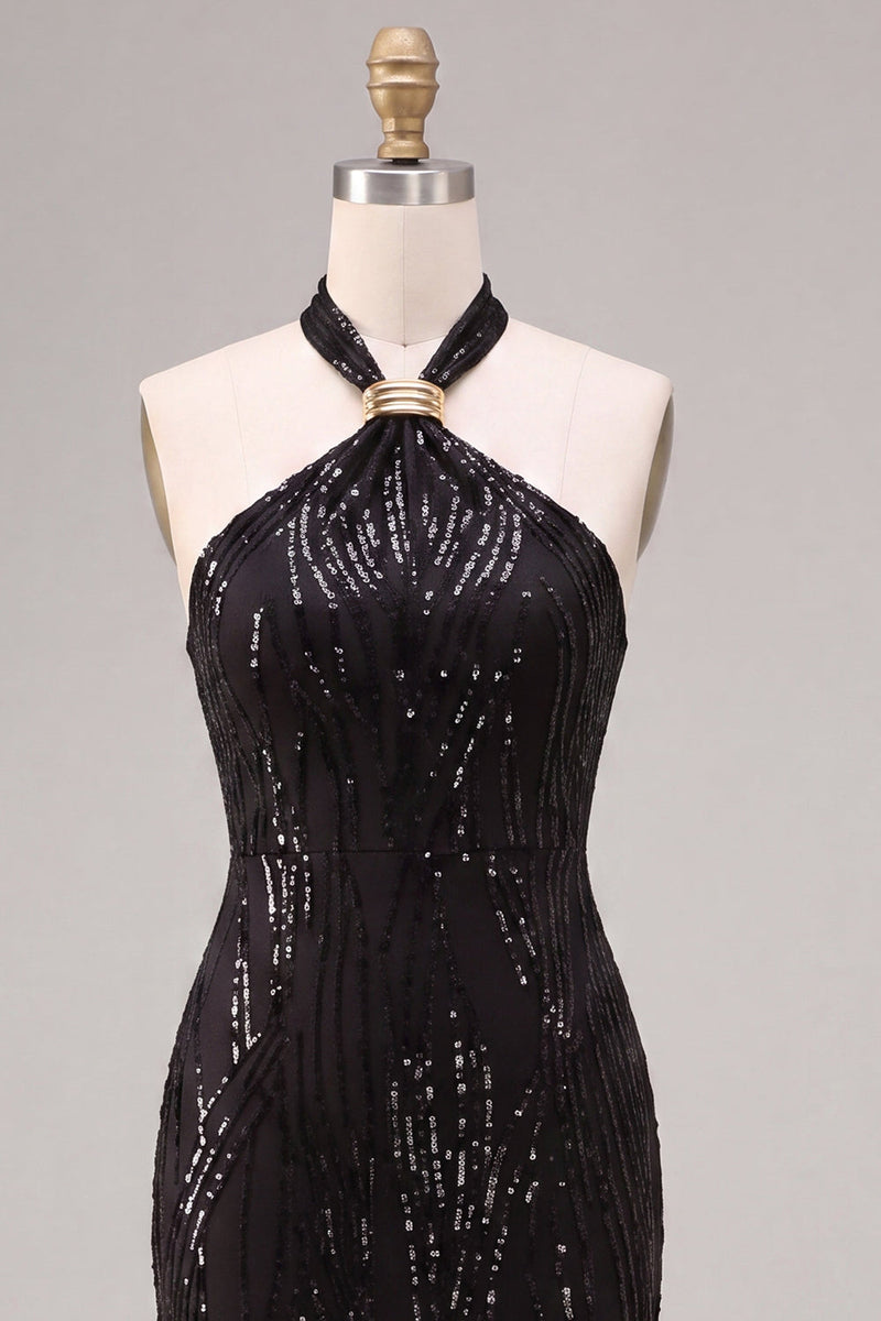Load image into Gallery viewer, Sparkly Black Sequins Mermaid Halter Neck Long Formal Dress