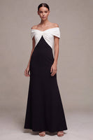 Load image into Gallery viewer, Black and White Mermaid Off the Shoulder Satin Ruched Long Formal Dress