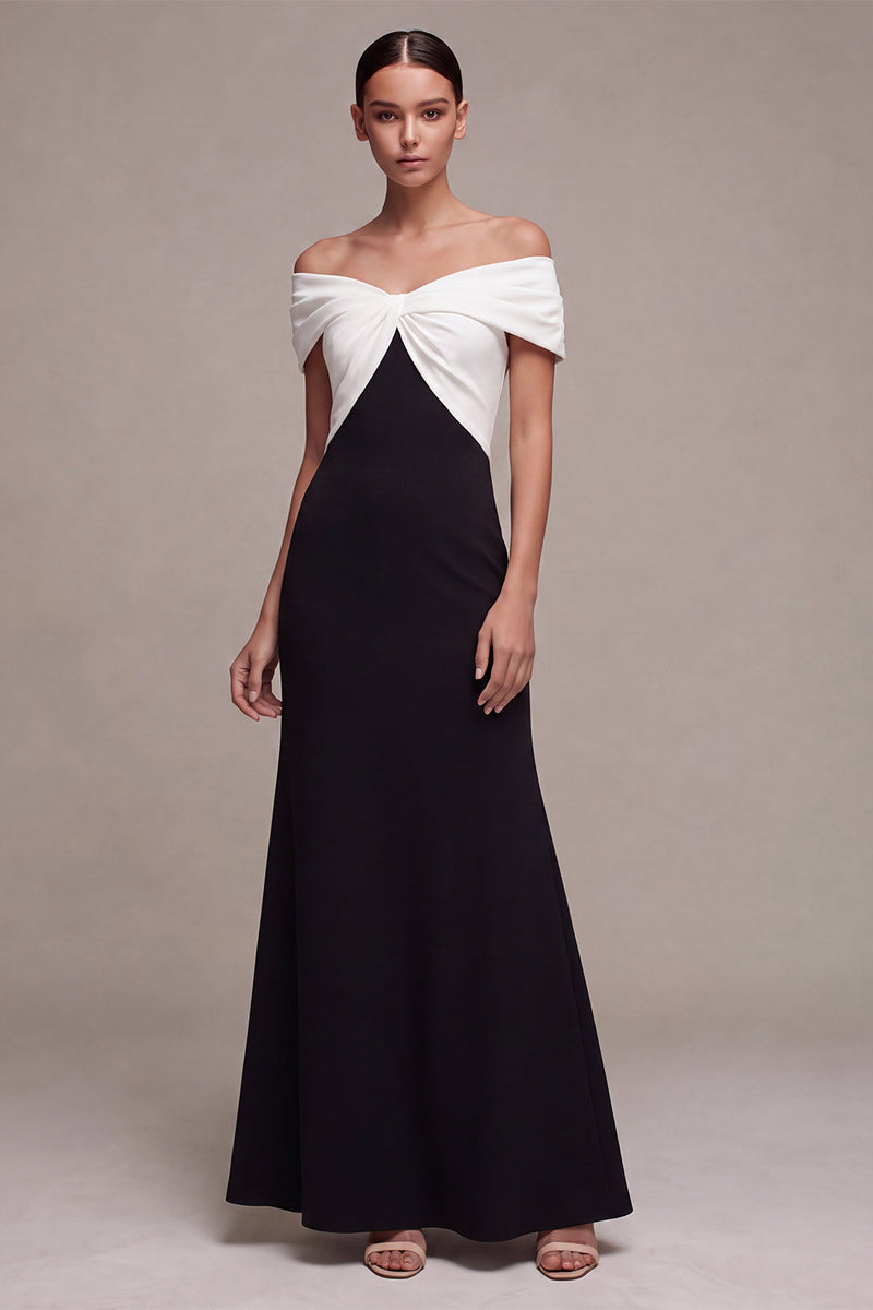 Load image into Gallery viewer, Black and White Mermaid Off the Shoulder Satin Ruched Long Formal Dress